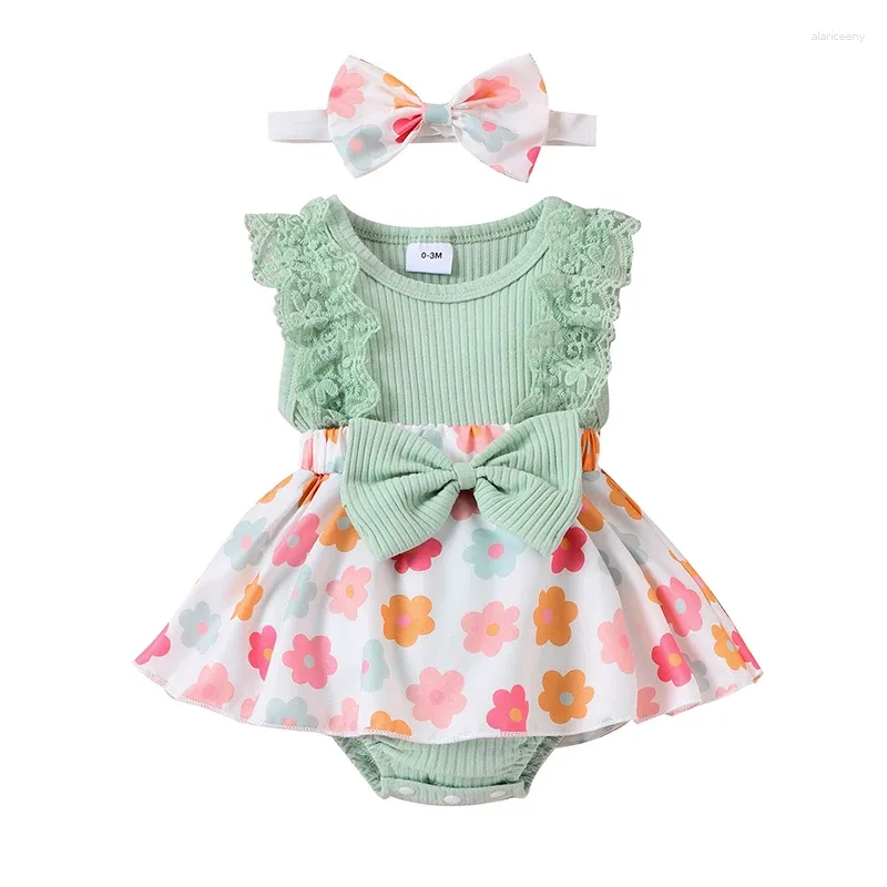 Rompers Pudcoco Born Infant Baby Girl Outfit Sleeveless Crew Neck Flower Lace Patchwork Romper Dress Bowknot Hairband Summer Clothes