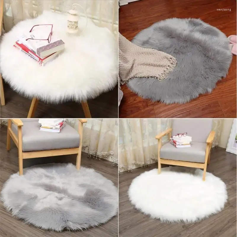 Tapis de luxe en peau de mouton artificielle, doux, couverture de chaise, chambre à coucher, rond, lavable, décoration de la maison