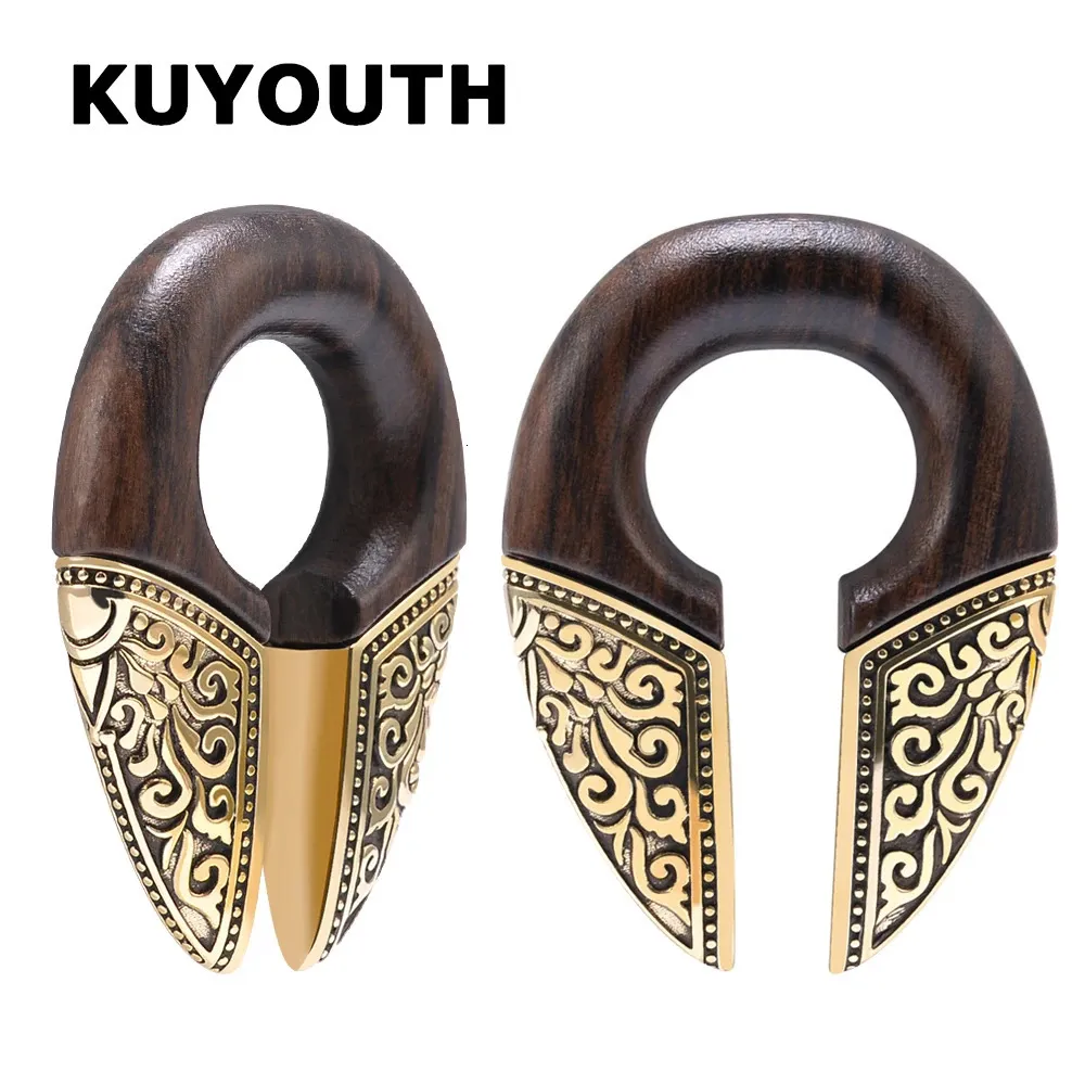 Kuyouth Trendy Wood Flower Pattern Ear Weight Expandersファッションボディジュエリーピアスストレッチャーゲージ2PCS 240130