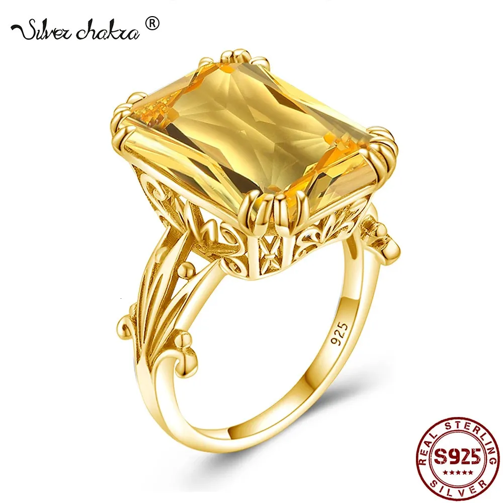 925 Sterling Silver Ring Luxury Shiny 145*19mm Big Rectangle Citrine Gemstone Ring For Women Solid Wedding Gold Plated Jewelry 240119