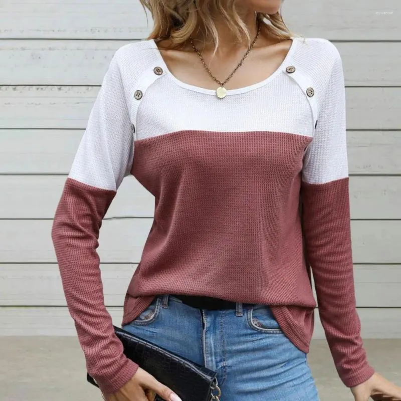 Women's Blouses 2024 Autumn And Winter Pullover Round Neck Button Solid Long Sleeve Contrast Panel Knitted Fashion Bottom Sweaters Tops