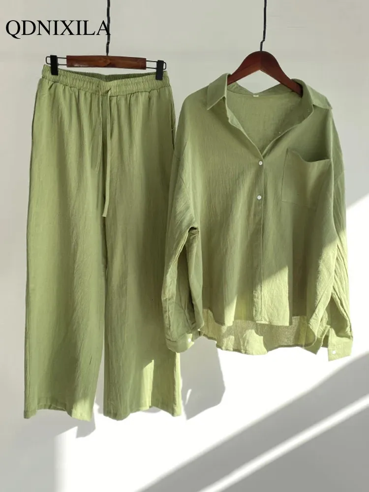 Sprind Summer Cotton Linen Damskie 2 -częściowe stroje Eleganckie swobodne zestawy w rozmiarze Damskie garniturowe spodnie bluzki Zestaw 240124
