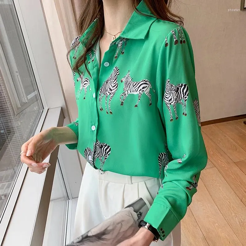 Kvinnors blusar koreansk stil gröna grödor för kvinnor avslappnad långärmad elegant blus damer topp y2k streetwear camisa social feminina