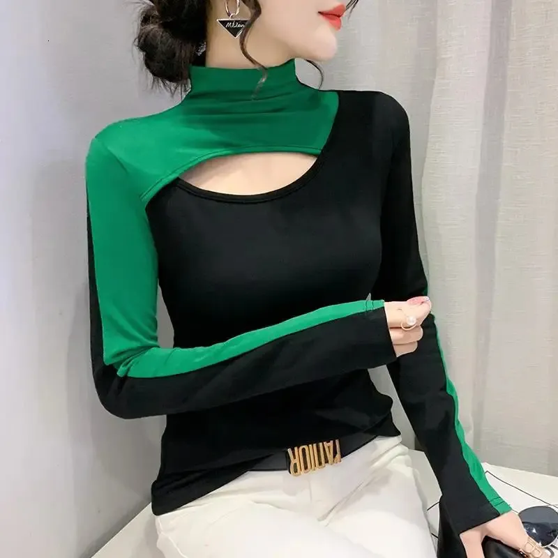 Women's Clothing Nightclub Girl Sexy Slim Casual Office Lady Simplicity Solid Color Patchwork Hollow Out Long Sleeve TShirts 240118