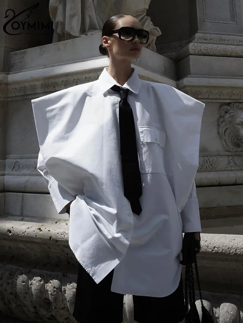 Oymimi Herfst Winter Losse Witte Shirts Vrouwen Mode Chic Revers Lange Mouw Pocket Blouse Tops Vrouwelijke Kleding Streetwear 240130