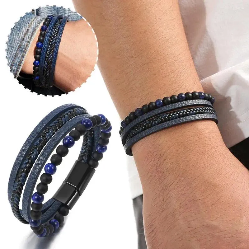 Charme pulseiras masculino multi-camada de couro obsidian tecido pulseira fivela presentes jóias únicas moda magnética o3z8