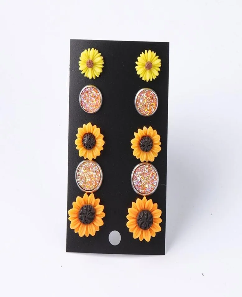 Sonnenblumen-Ohrstecker-Set, modische Druzy-Ohrring-Sets, helle Sonnenblumen-Harz-Blumen-Gypsophila-Ohrringe für Frauen, niedlicher Mädchen-Schmuck, 5 Paar 7878336