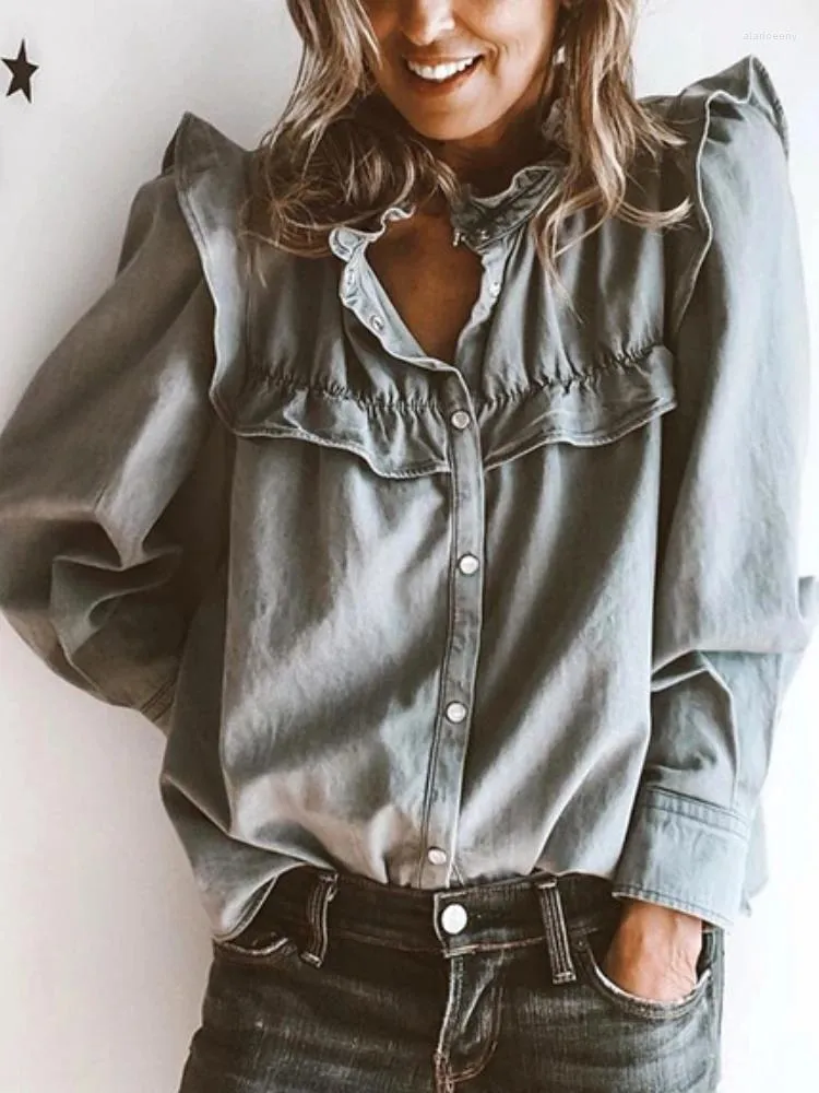 Kadın bluzları Kadın Tops Denim Ceket 2024 HARDIGAN Uzun Kollu Düz Mavi Gevşek Sonbahar Moda Sokak Giysileri