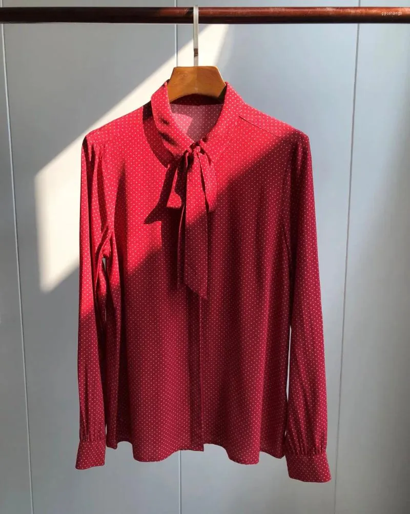 Kvinnors blusar Elfstyle Viscose Red Dot Printing Lång ärmskjorta Topp - 2024 Ladies Casual Lapel Blouse