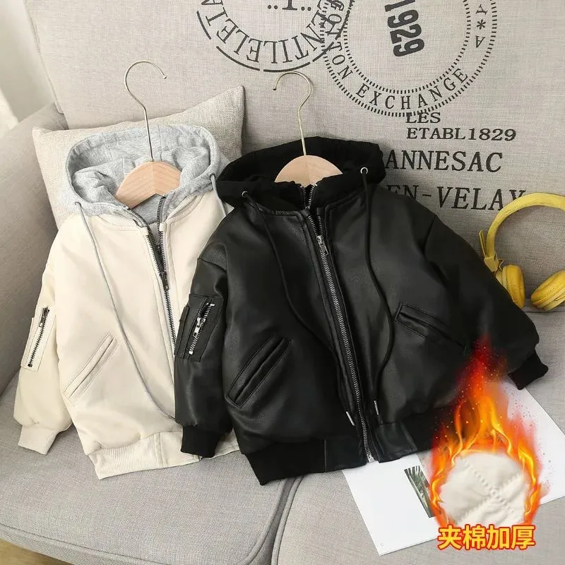 18 Jahre Winter Jungen Lederjacke Dicke Warme Baumwolle Kinder Mantel Mode Wasserdichter Reißverschluss Mit Kapuze Kinder Oberbekleidung Kleidung 240122