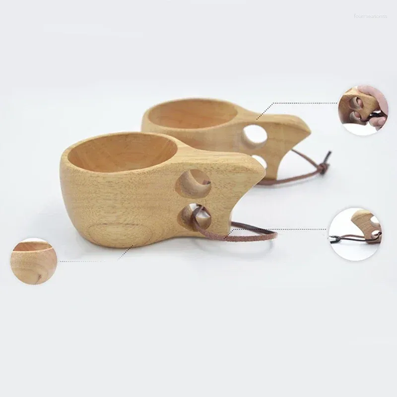 Tazze Tazza portatile in legno di quercia Tazza da tè Tazza da caffè Succo di latte Bottiglia d'acqua con manico Gancio in corda di vacchetta a due fori