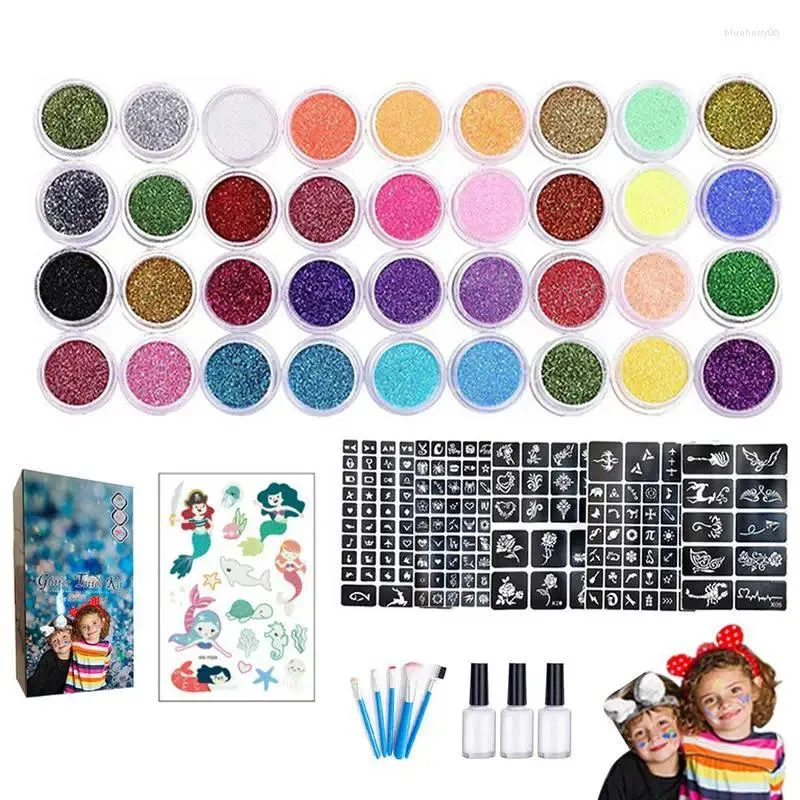 Tatueringsfärg Glitter Tattoos Kit tillfälligt för flickor 36 färger 5 stycken stencils 3