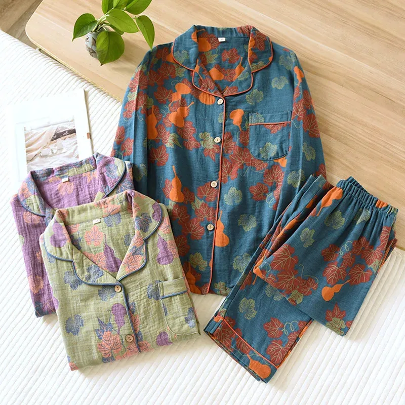 Japanese Spring and Autumn Womens Pajama Set 100% Cotton Vintage Long sleeved Pants Two Piece for Home Furnishings 240201