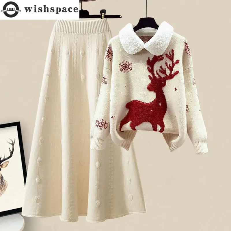 Rok zimowy Elk Snowflake Dzianin Sweter Pokrywacza Połowa spódnicy dwuczęściowej eleganckiej sukienki damskiej 240124