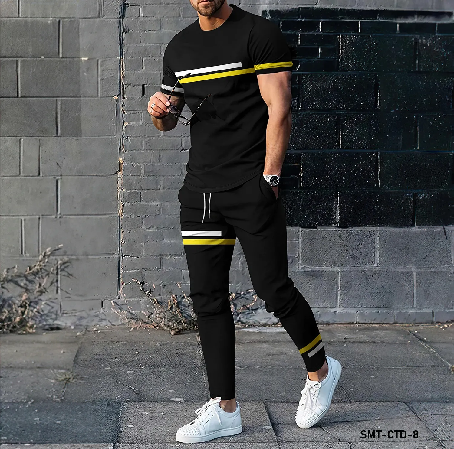 Striped minimalist bee pattern 3D printing fashion short sleeved Tshirt and pants twopiece mens clothing set 240124