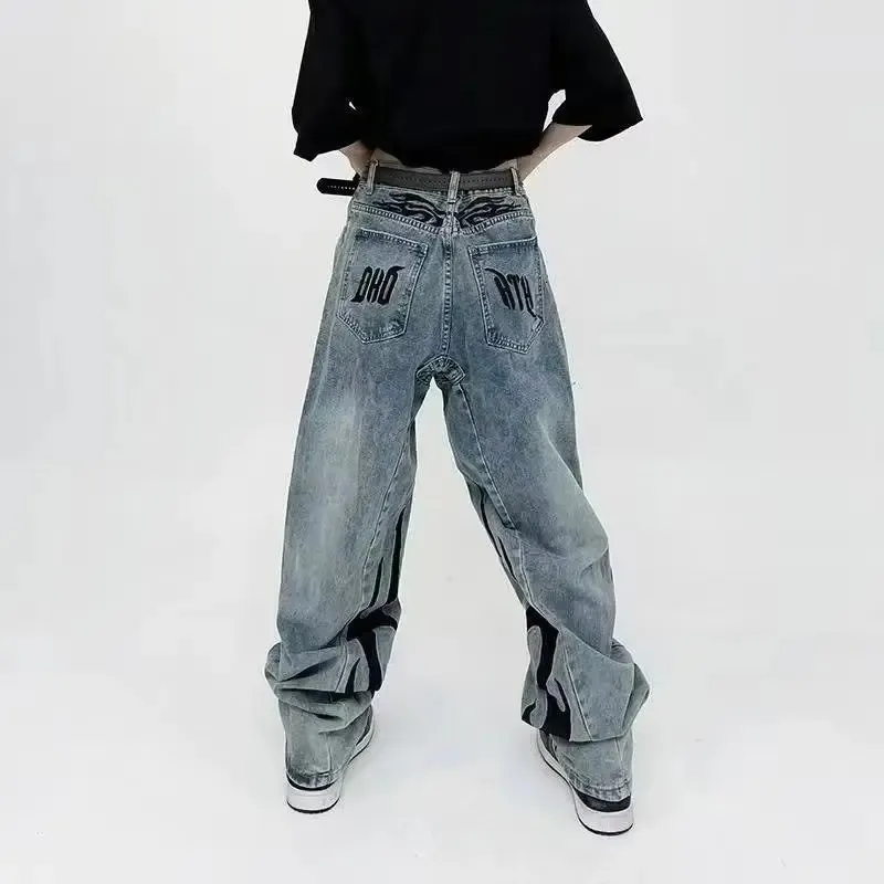 Pantaloni larghi ricamati lavati stile Harajuku Y2K per uomo donna tendenza moda streetwear gamba larga dritta 240127