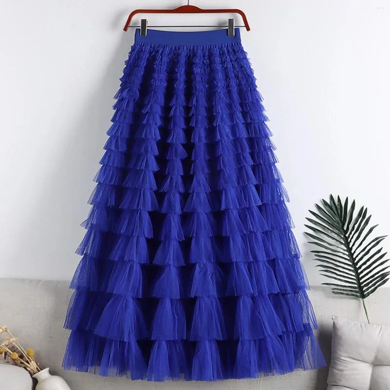 Jupes femmes longue maille Tulle gâteau carnaval bal fête à plusieurs niveaux froncé gonflé moelleux mi-mollet jupe taille haute plissée jupon