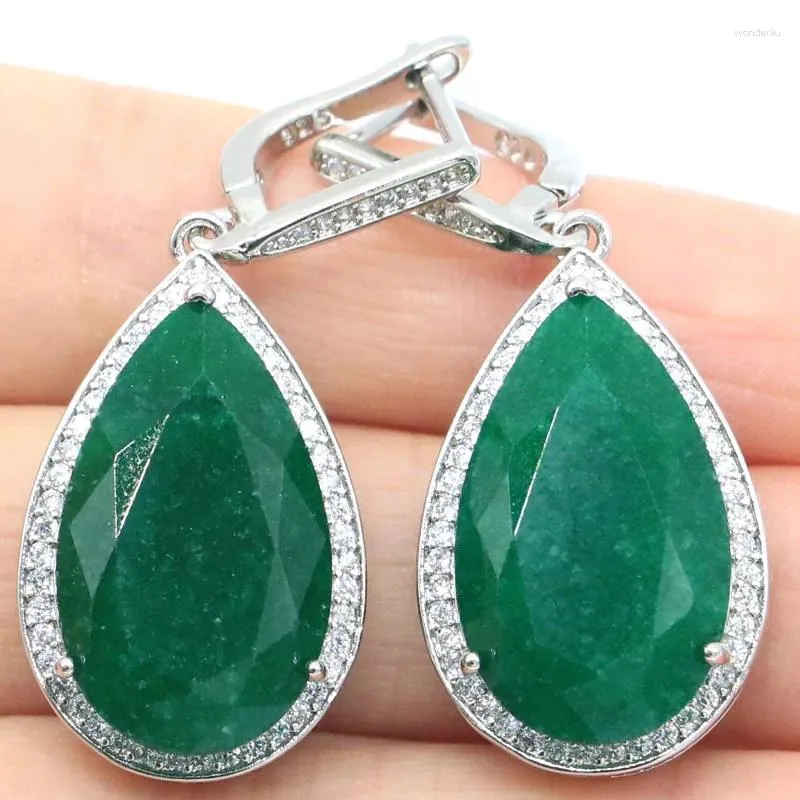 Brincos pendurados 42x18mm Design Europeu Verde Esmeralda Azul Safira Vermelho Rubis Branco CZ Mulher Casamento Prata