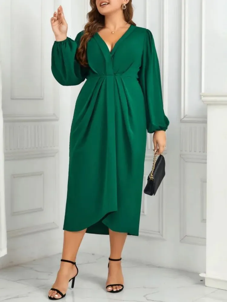 Plus size sólido decote em v vestidos femininos puff mangas compridas runched robe outono outono sprimg vestido cintura elástica roupas femininas 240129