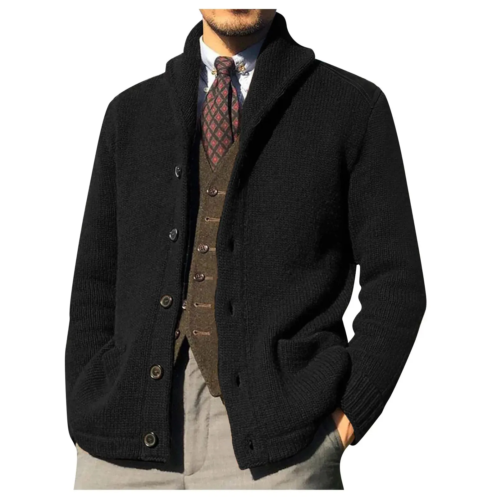 Cardigan d'hiver pour hommes, pull, col châle solide, boutonné, câble tricoté, manteau décontracté, vêtements pour hommes, 240130