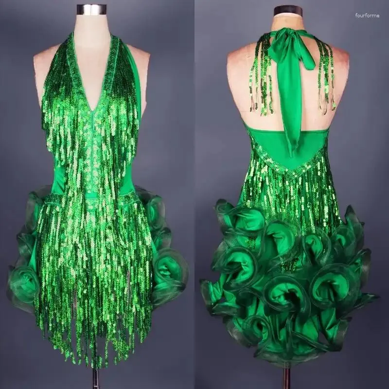 Escenario desgaste vestido de baile latino traje profesional verde para mujeres flecos samba colorido mujer salón de baile vestidos de competición borlas