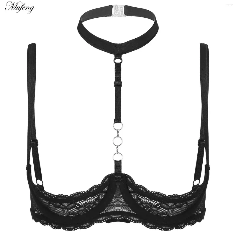 Bras Womens Sexy Bra Tops Soft Sheer Lace Halter Neck O Ring Open Cut Exposed Nipples Brassiere Wire-free Lingerie Nightwear