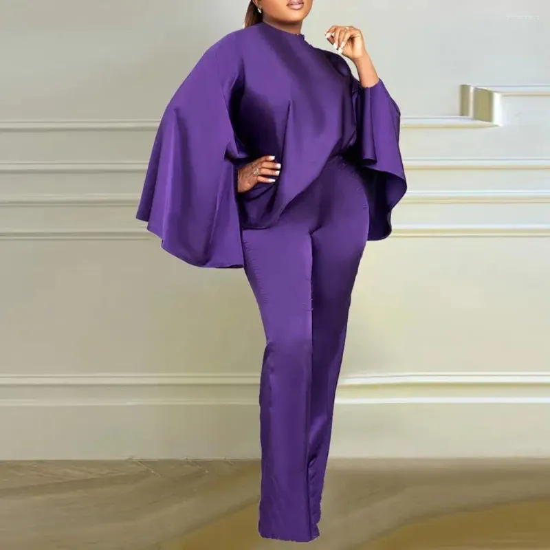 Damen Zweiteilige Hosen Frauen Faux Satin Outfit Herbst Party Tops Robe Abaya Muslim Elegant Solide Rundhals Fledermausärmel Kleid