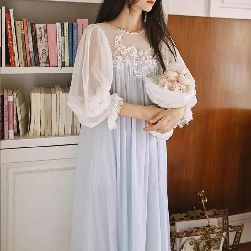 Women's Sleepwear Women Sweet Pure Cotton Long Nightgown Princess Spring Summer Fairy White Blue Night Dress Vintage Victorian Lace