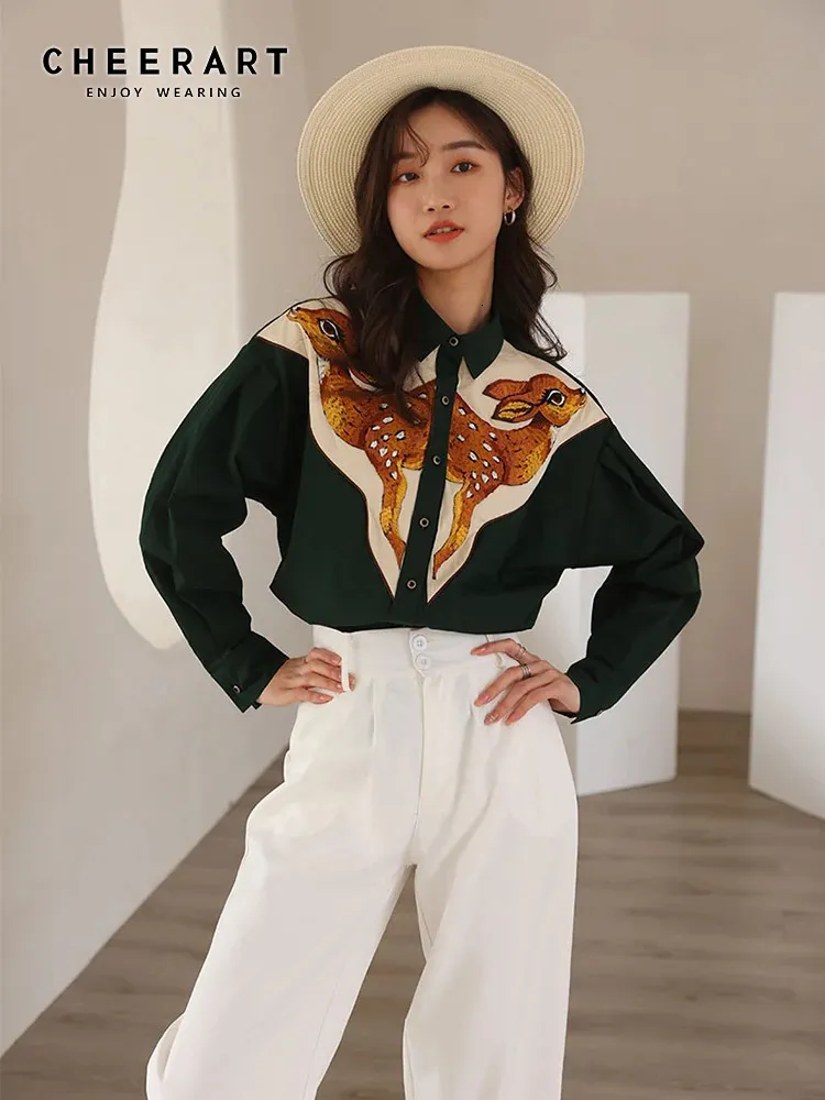 CHEERART Deer Embroidered Long Sleeve Shirt Vintage Button Up Collar Dark Green Shirt For Women Designers Tops And Blouses 240130