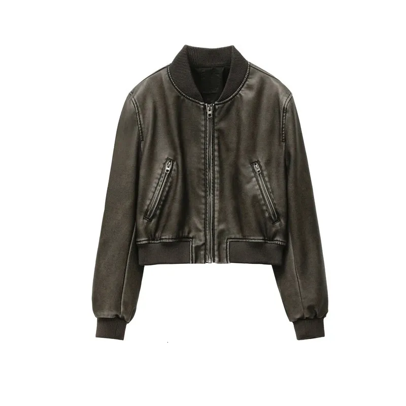 Zvri Women's Vintage Imitation Leather Bomber Jacket Coat Top Women's Style 240122