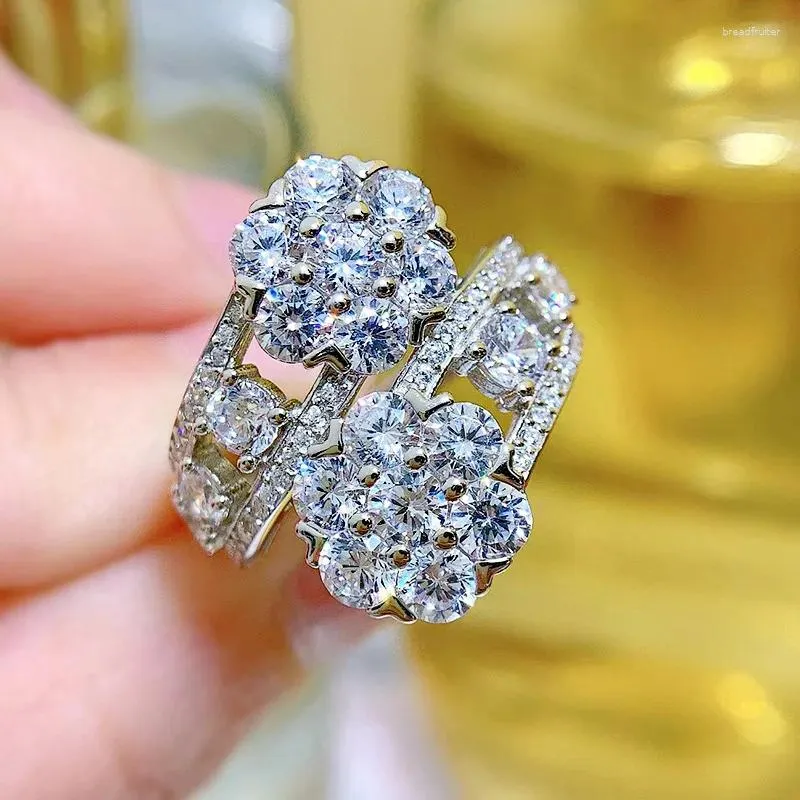 Кольца кластера, кольцо с цветком и бриллиантом, настоящее серебро 925 пробы, вечернее обручальное кольцо для женщин, свадебное обещание, обручальное ювелирное изделие, подарок