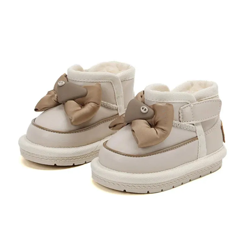 Stivali da neve per bambini invernali Stivali in pelle con nodo a farfalla in peluche caldo Scarpe per bambini con suola morbida Stivali per ragazze alla moda 240131