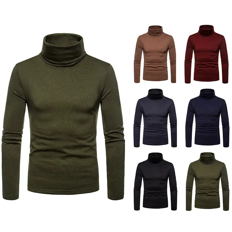 Tröja män fast färg Turtleneck Pullovers Pull Homme Mens Cold Blue Winter Long Sleeve T Shirts 240202