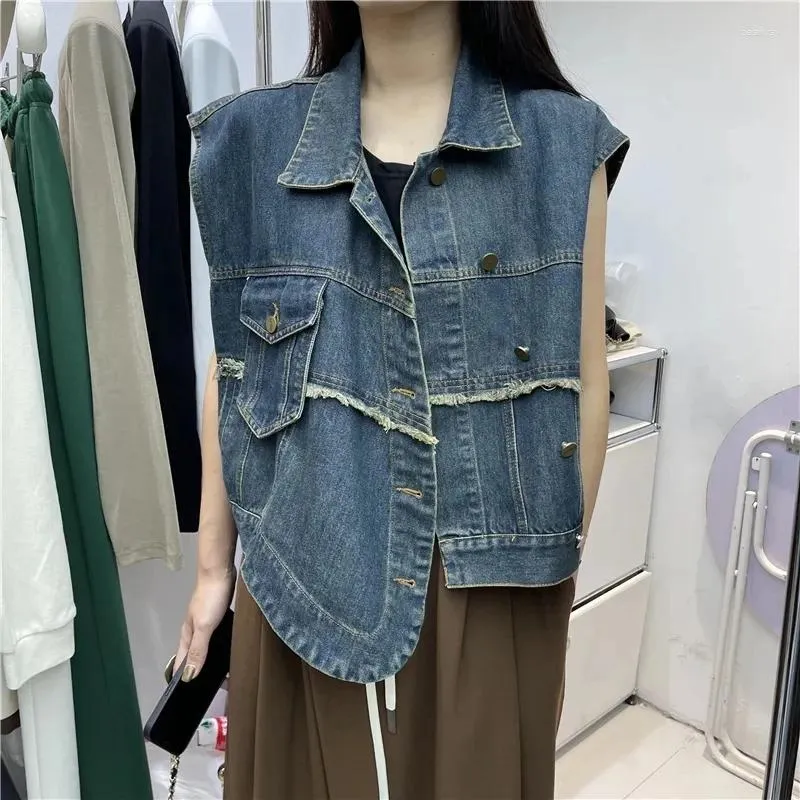 Damenwesten Unregelmäßigkeit Einreiher Denim Weste Jacke Frauen Einfarbig Revers Tasche Weste Outwear Weibliche Streetwear Fashion