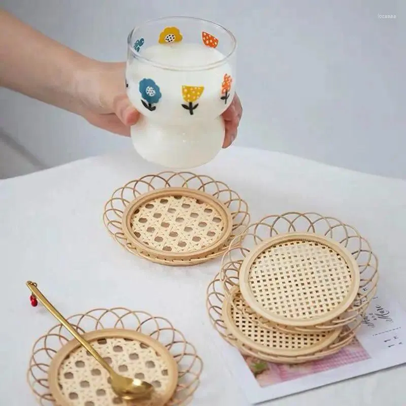 Tea Trays Japanese Drink Cup Waasters Mat Dining Table Placemat Bamboo Woven Saucer Non-Slip Pot Holder Rattan