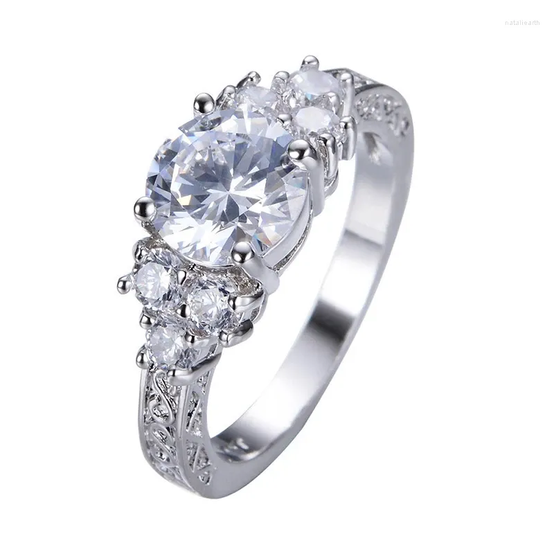 Con pietre laterali QCOOLJLY Fede nuziale di lusso Anello di fidanzamento con zirconi cubici per le donne Gioielli floreali femminili Bague Femme Anelli Mujer