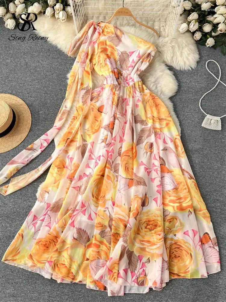 Sukienki swobodne Singreiny Bohemian Camis Chifon Long Print Dress Women Off ramię plisowana moda 2024