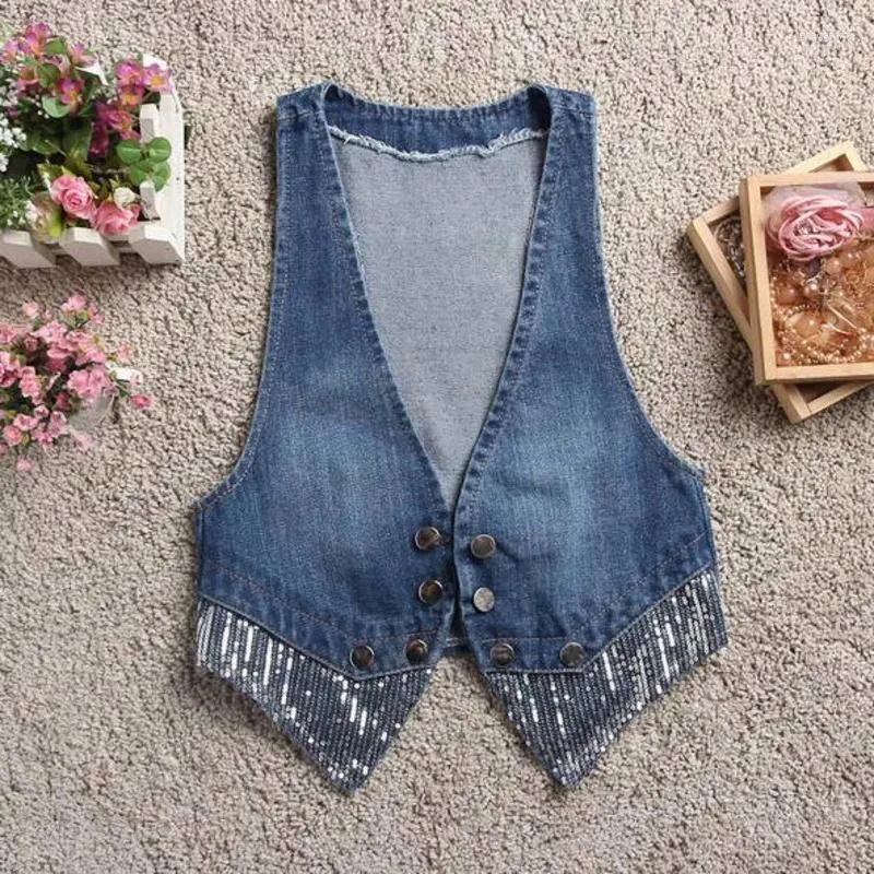 Kvinnors västar koreanska denim väst 2024 Summer Sequin Splicing ärmlös kort kvinnlig ytterkläder Cardigan Jacka Waistcoat