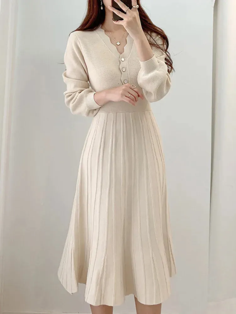Vestido plissado coreano outono manga longa magro mulher camisola vestidos de malha vintage elegante midi vestido de festa 240202