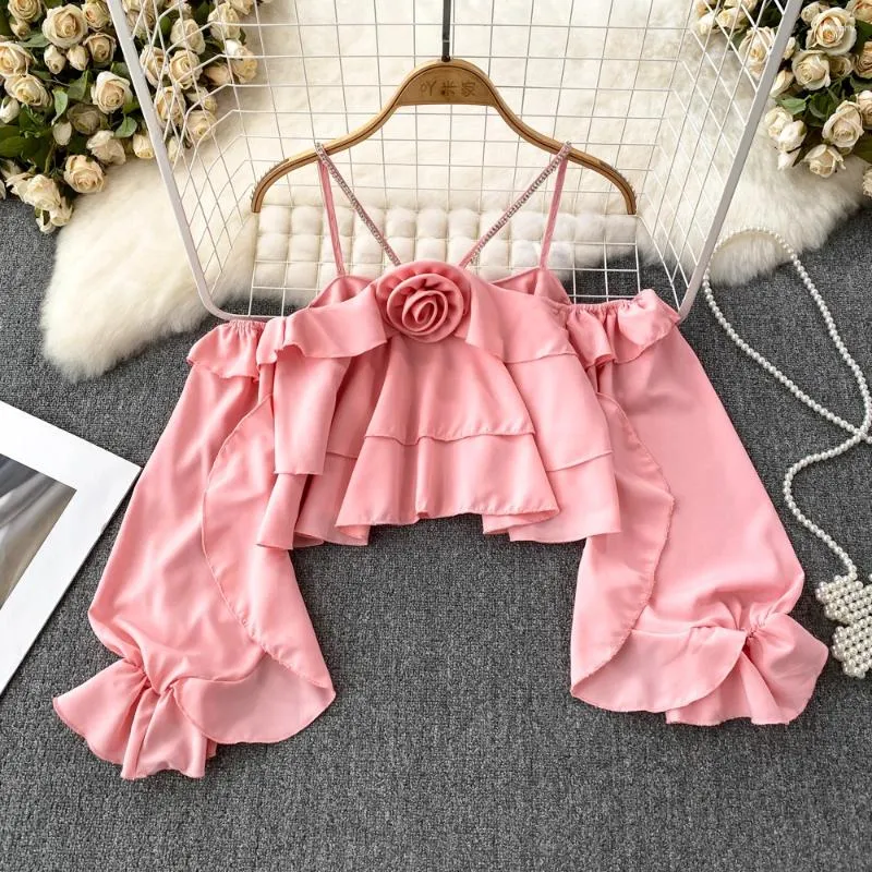 Kvinnors blusar sexiga blusa mujer halter ruffles blommig snedstreck baklösa sommar kamisor från axelblus topp kvinnor koreansk stil