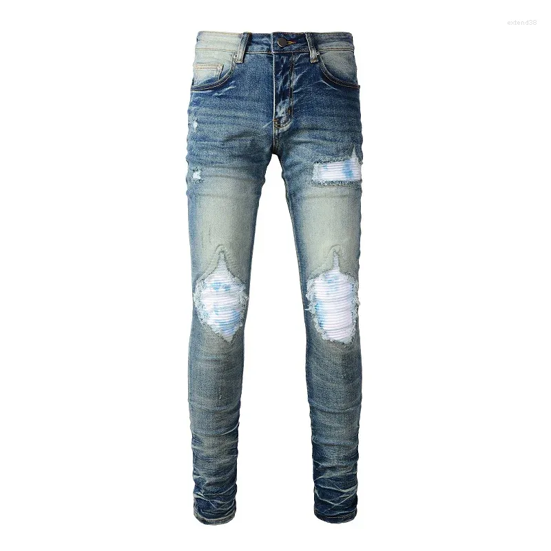 Jeans da uomo Arrivi Indaco chiaro Stile streetwear Tie Dye Costole Patchwork Fori elasticizzati Slim Fit High Street Distressed Strappato