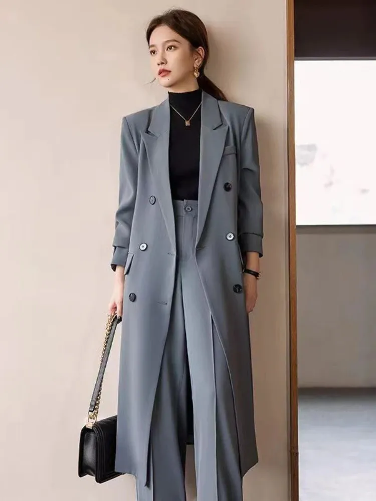 Тренч для женщин, двубортный сплошной цвет, длинное пальто с воротником, элегантные офисные женские куртки, осенне-зимняя одежда для женщин 240202