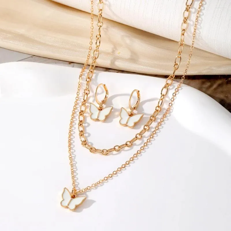 Necklace Earrings Set EN Vintage Resin Butterfly Pendant For Women Fashion Gold Color Link Chain Jewelry Gifts