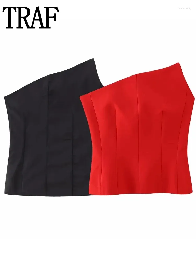 Women's Tanks TRAF Black Crop Top Off Shoulder Corset Women Asymmetrical Sleeveless Tube Tops Woman Streetwear Backless Summer Bustier