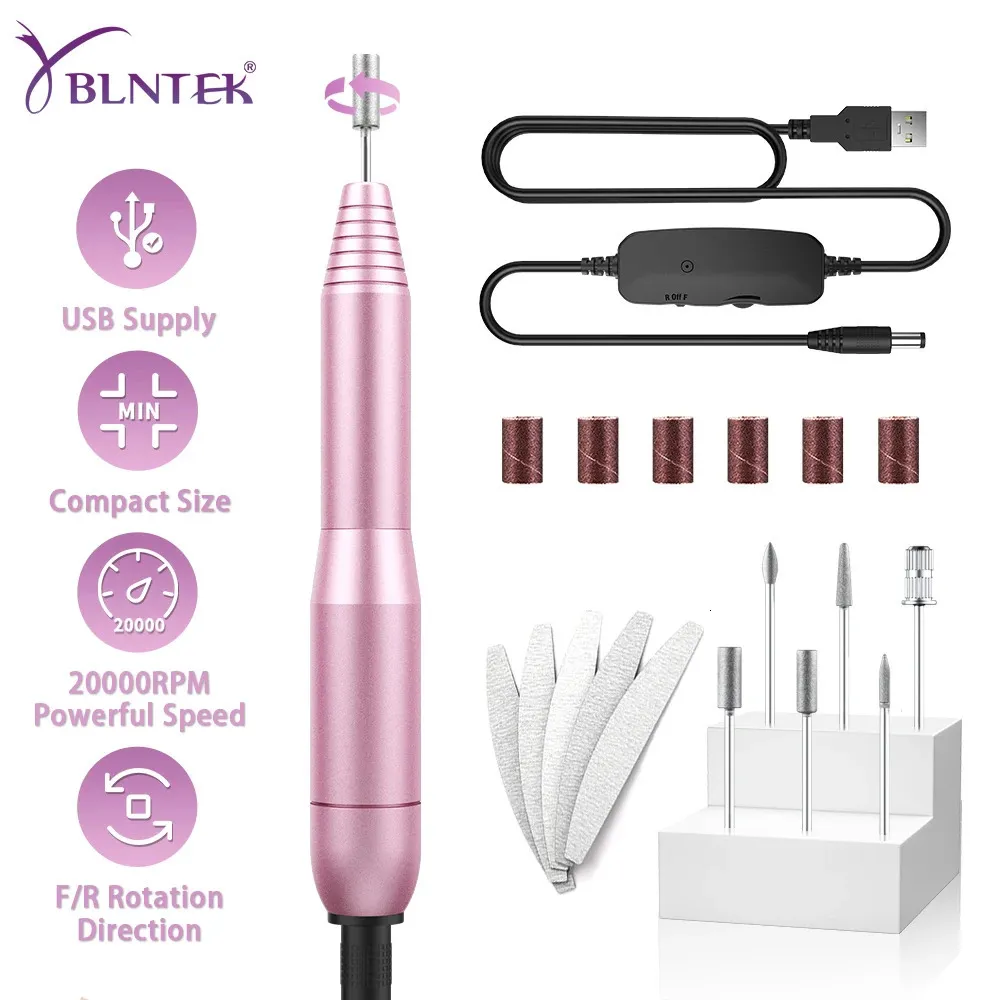 Yblntek elétrica usb máquina de broca do prego 20000 rpm manicure pedicure brocas arquivo prego para unhas acrílicas gel polimento forma ferramentas 240119