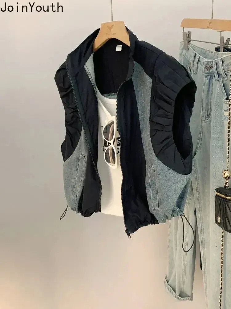 Ropa Mujer Fashion Vest för kvinnor Patchwork denim Kontrast Color Waistcoat Casual Korean Y2K Tanks Chalecos Para 240123