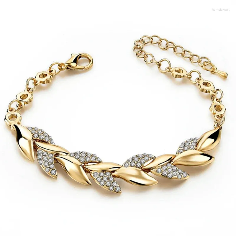 Link Bracelets Women Inlaid Crystal Golden Leaf Bracelet Trendy Bride Wedding Jewelry