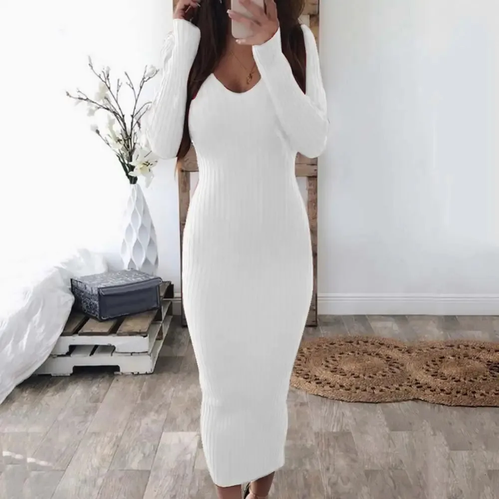 Seksowna sukienka Body Bodycon długiego rękawu Slim Midi Sukienka Women V Szyja Zniszczona dzianinowa sukienka midi 240119