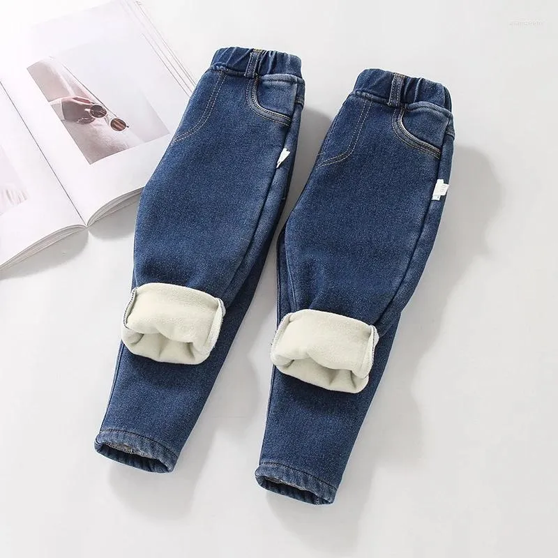 Byxor barn byxor denim fleece sammet fodrad jeans vinter höst barn varmt barn baby pojke flickor jean elastisk midja