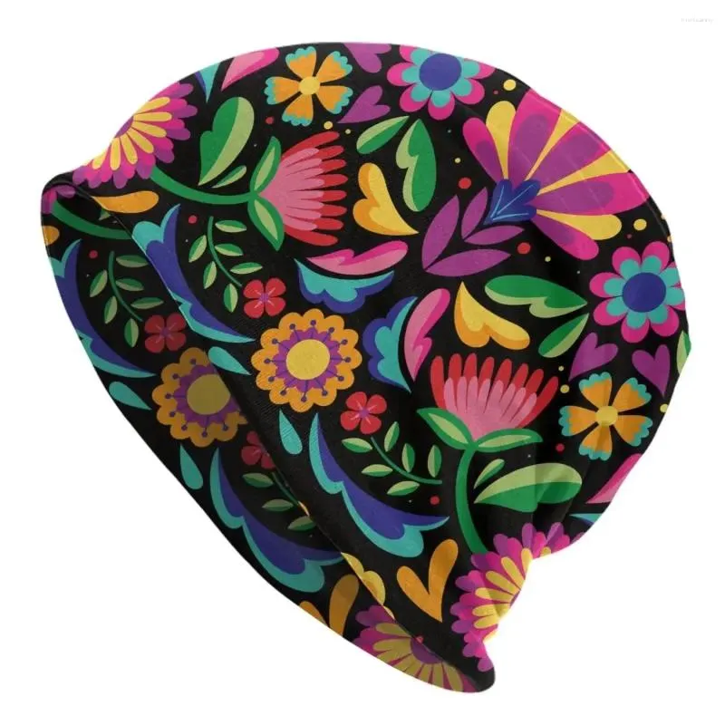 베레트 멕시코 꽃 무늬 모자 모자 가을 겨울 두개골 비니 모자 남자를위한 민족 꽃 여자 니트 따뜻한 헤드 랩 모자